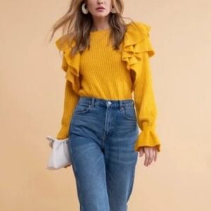 NWT Rachel Parcell ruffle yellow knit sweater size Large